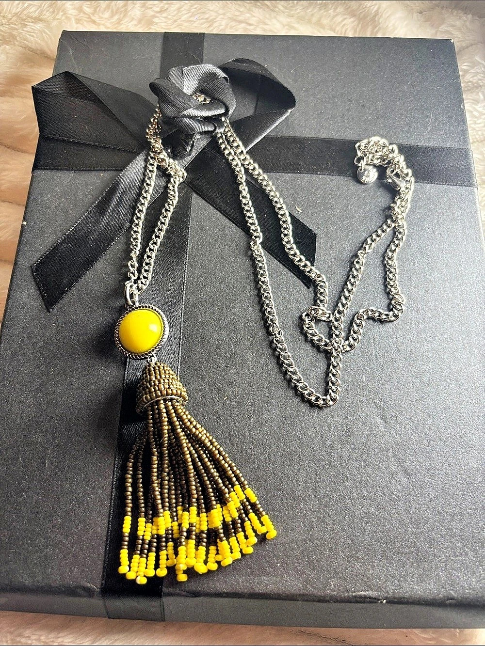 Talbots Black & Yellow Beaded Tassel Necklace